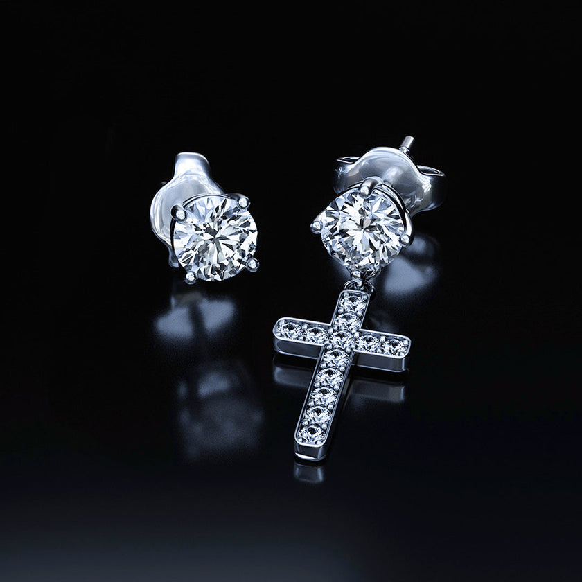 14k Solid Gold Round Cut Stud Cross Moissanite Earrings