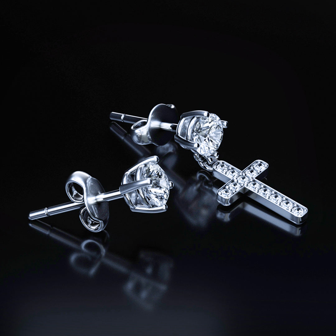 14k Solid Gold Round Cut Stud Cross Moissanite Earrings