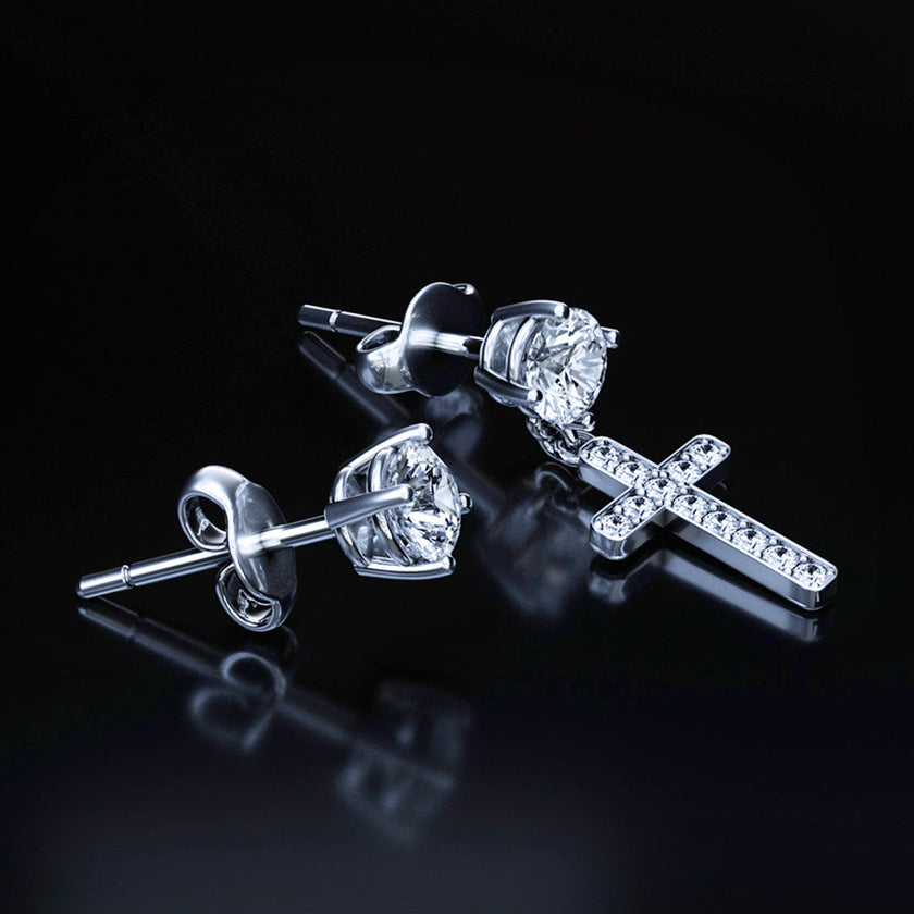 14k Solid Gold Round Cut Stud Cross Moissanite Earrings