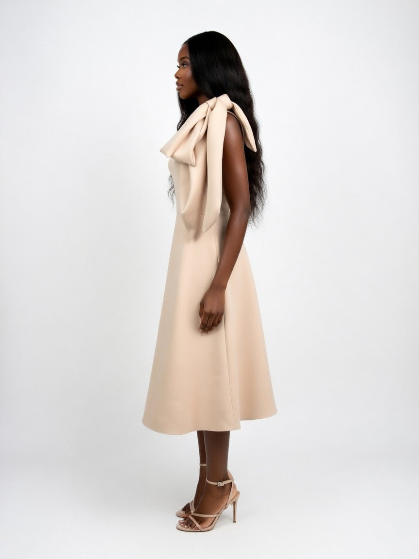 Perley Elegant One-Shoulder Bow Midi Dress