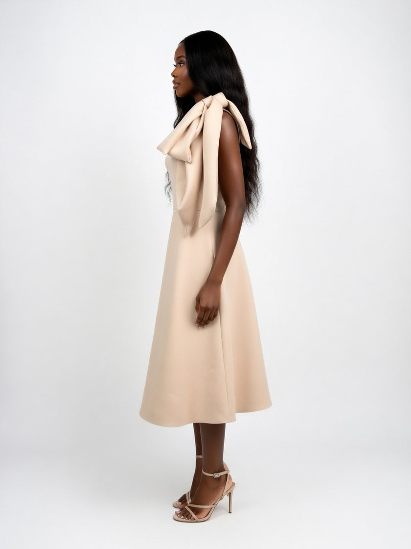 Perley Elegant One-Shoulder Bow Midi Dress