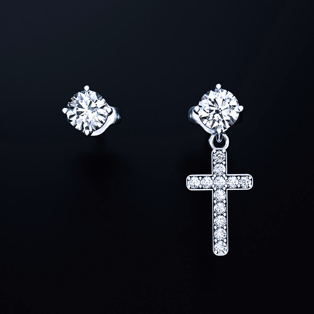 14k Solid Gold Round Cut Stud Cross Moissanite Earrings