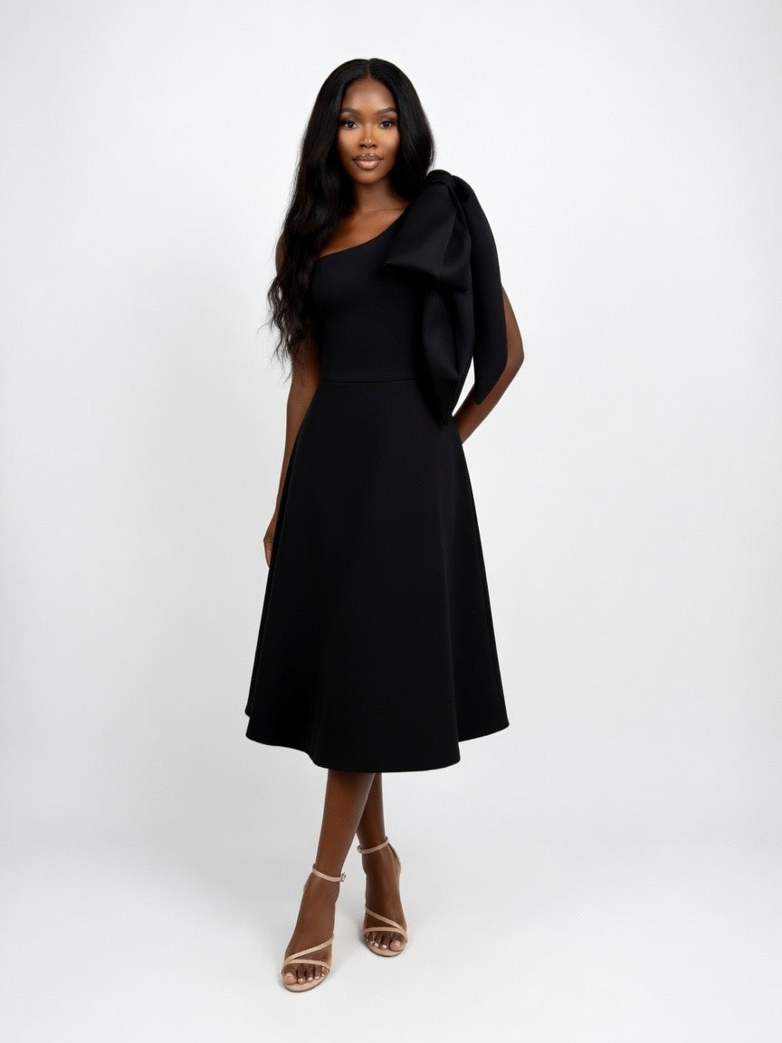 Perley Elegant One-Shoulder Bow Midi Dress