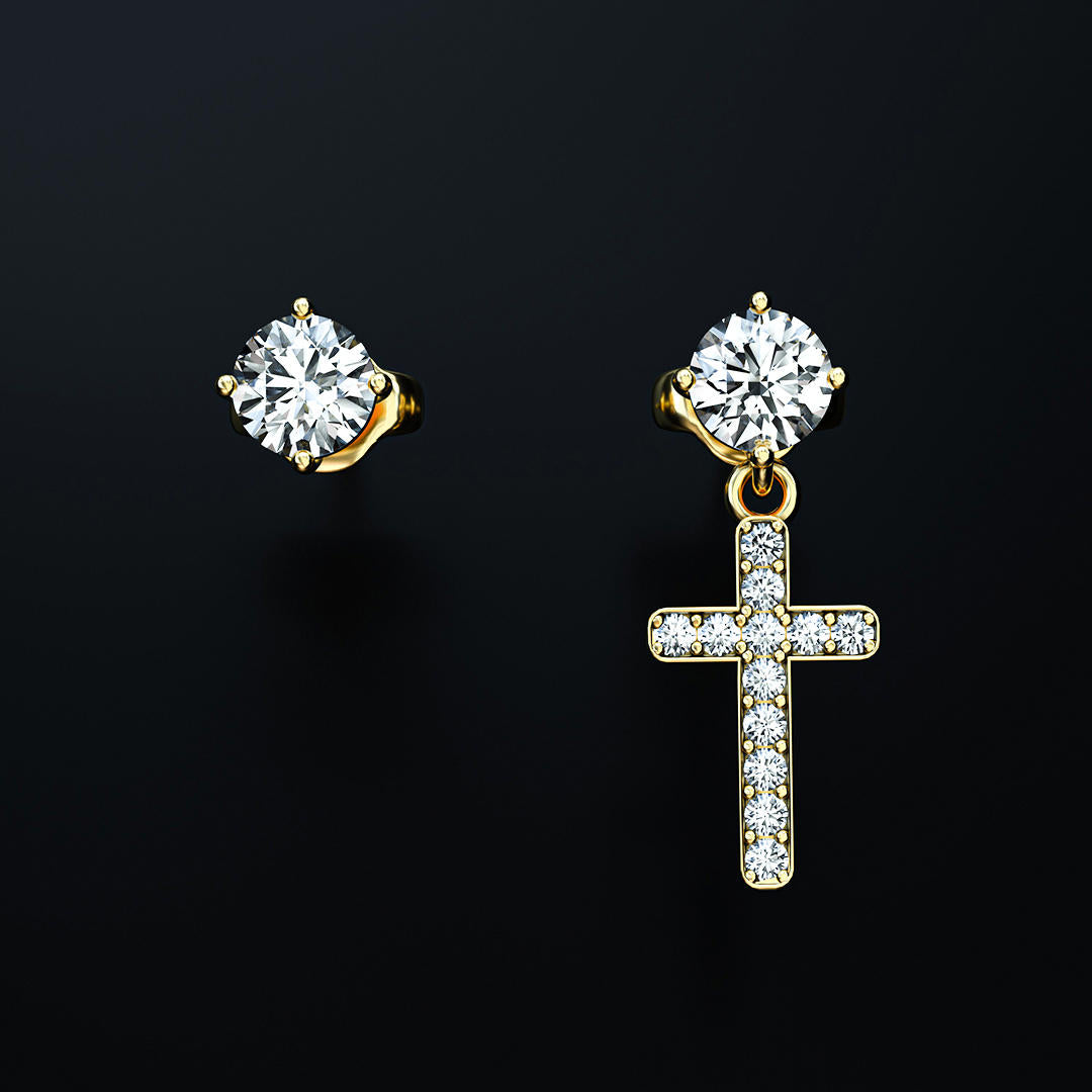 14k Solid Gold Round Cut Stud Cross Moissanite Earrings