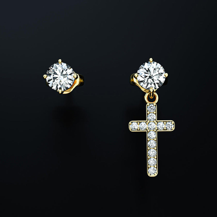 14k Solid Gold Round Cut Stud Cross Moissanite Earrings
