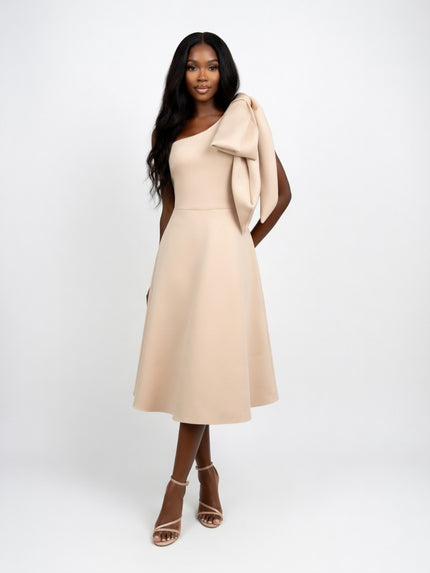 Perley Elegant One-Shoulder Bow Midi Dress