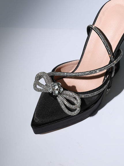 Anouk Bow Crystal Satin Heels In Black