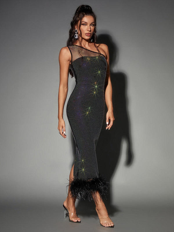 Blinge Bowie Mesh Diamond Feather Bandage Dress