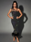 Blinge Bowie Mesh Diamond Feather Bandage Dress