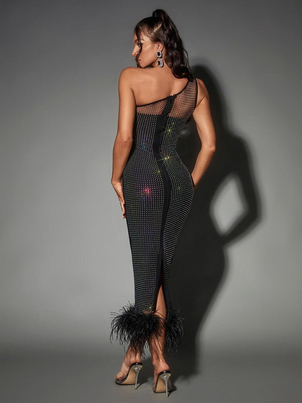 Blinge Bowie Mesh Diamond Feather Bandage Dress