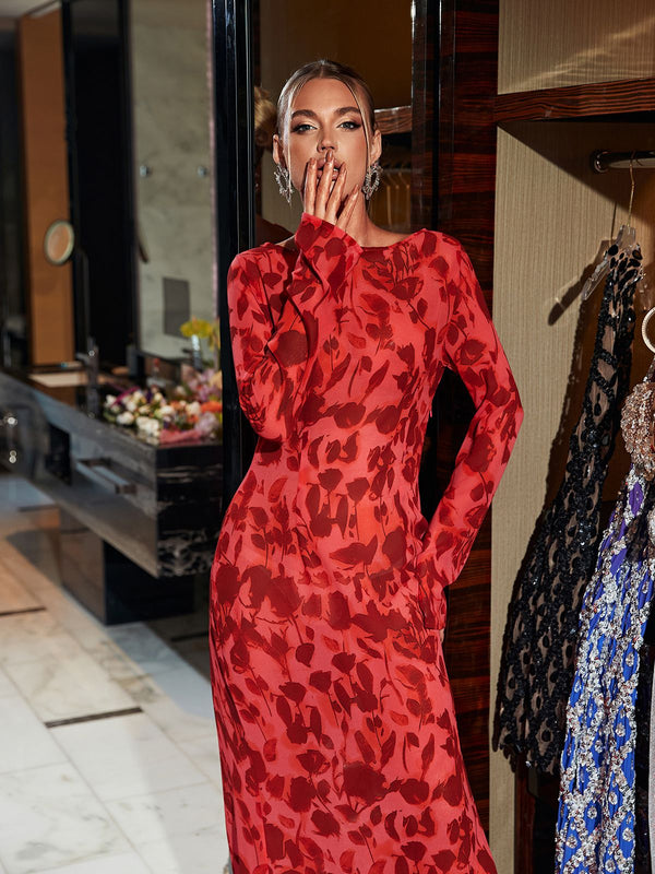 Cece Long Sleeve Rose Printed Maxi Dress
