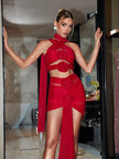 Gene Flower Cutout Draped Mesh Mini Dress In Red