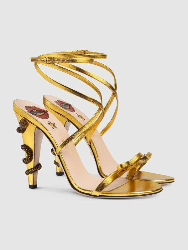 Juliette Metallic Snake Heel Sandals In Gold