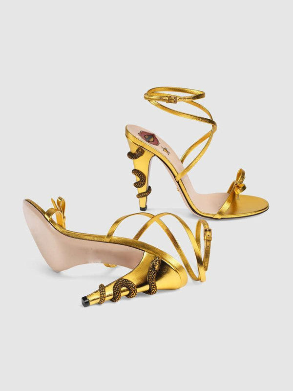 Juliette Metallic Snake Heel Sandals In Gold