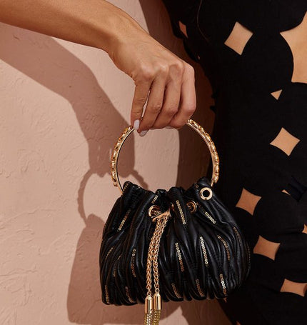 Mattea Leather Sequin Bucket Bag In Black