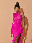 Norine Mesh Flower Midi Dress In Hot Pink