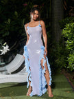 Okin Flower Sequin Embellished Ruffle Dress In Blue
