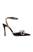 Laila Bow Crystal Satin Heels In Black
