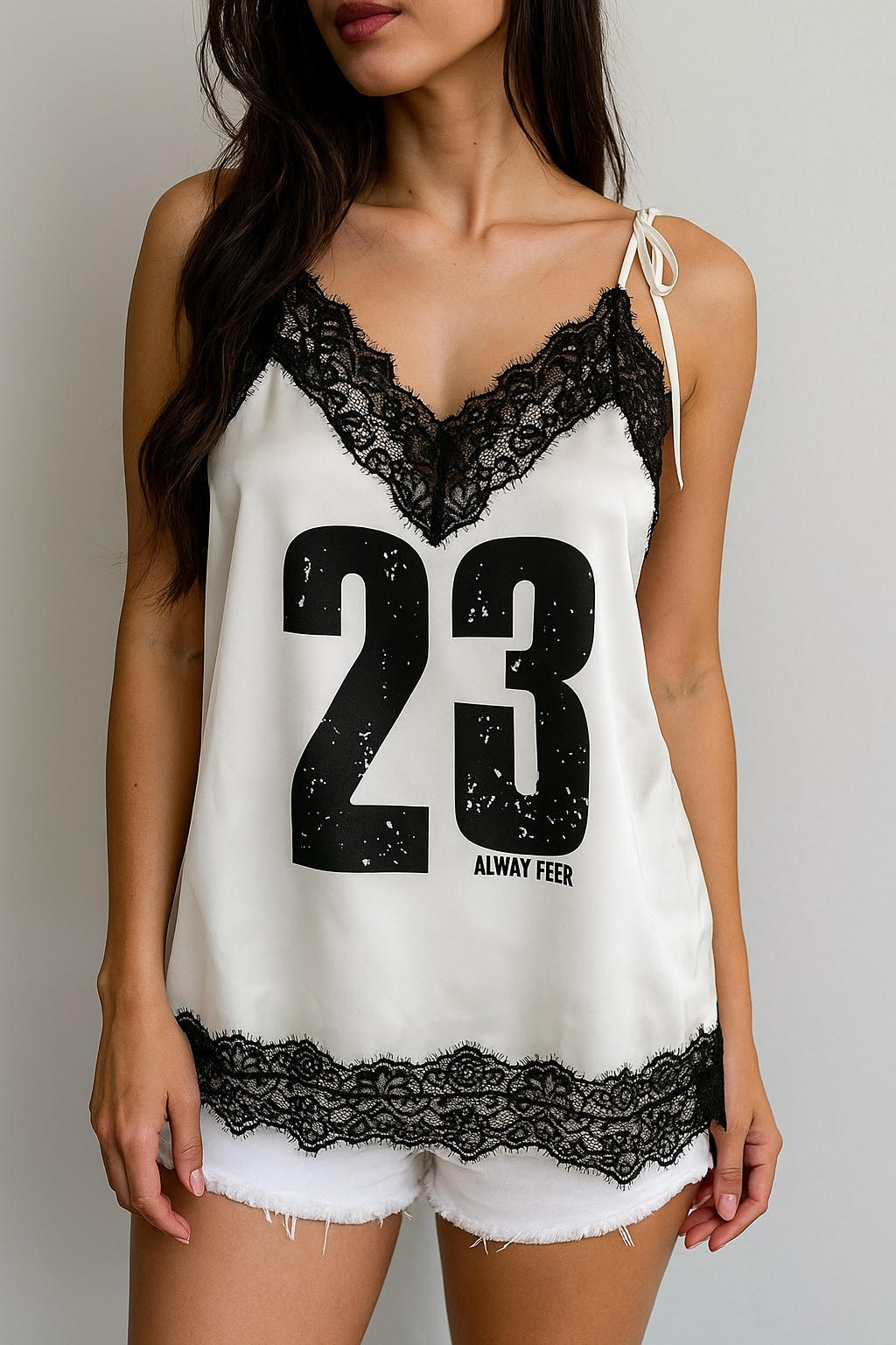 Ronki Women’ White Lace-Trimmed Satin Top