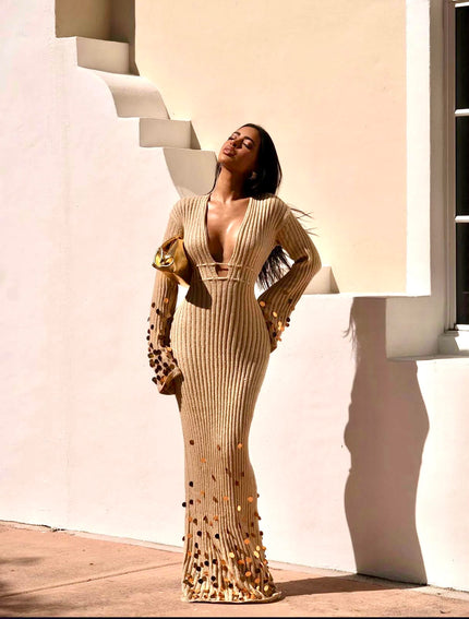 Camel-gold ribbed knit with bronze and gold sequin embellishments