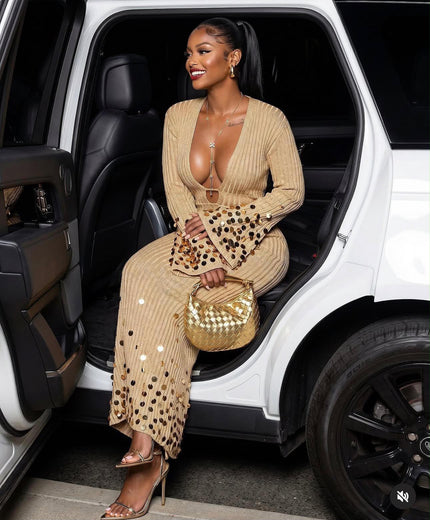 Camel-gold ribbed knit with bronze and gold sequin embellishments