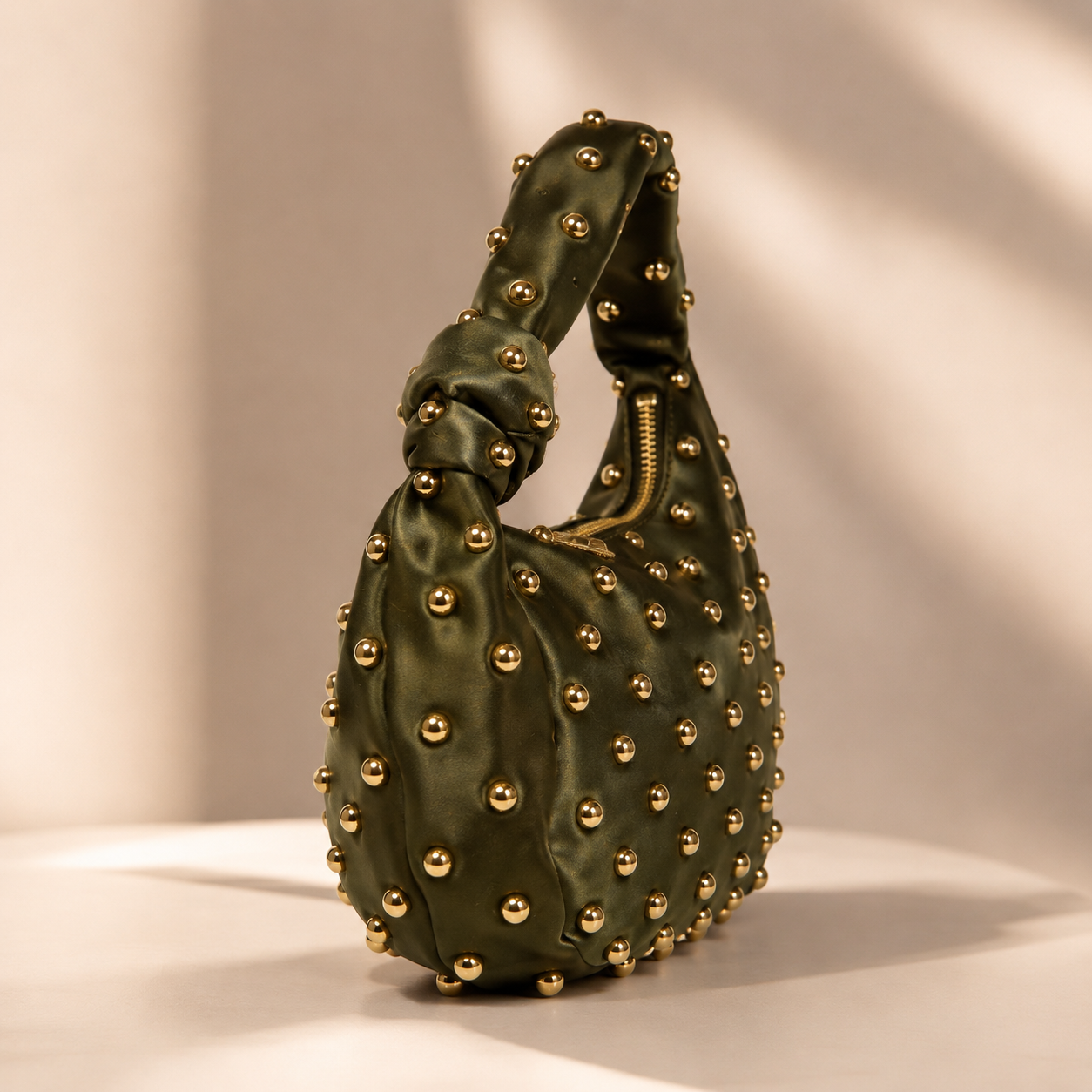 Satin Studded Hobo Bag