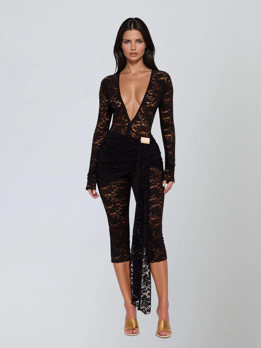 Braelyric Plunge Neck Lace Capri Jumpsuit In Black