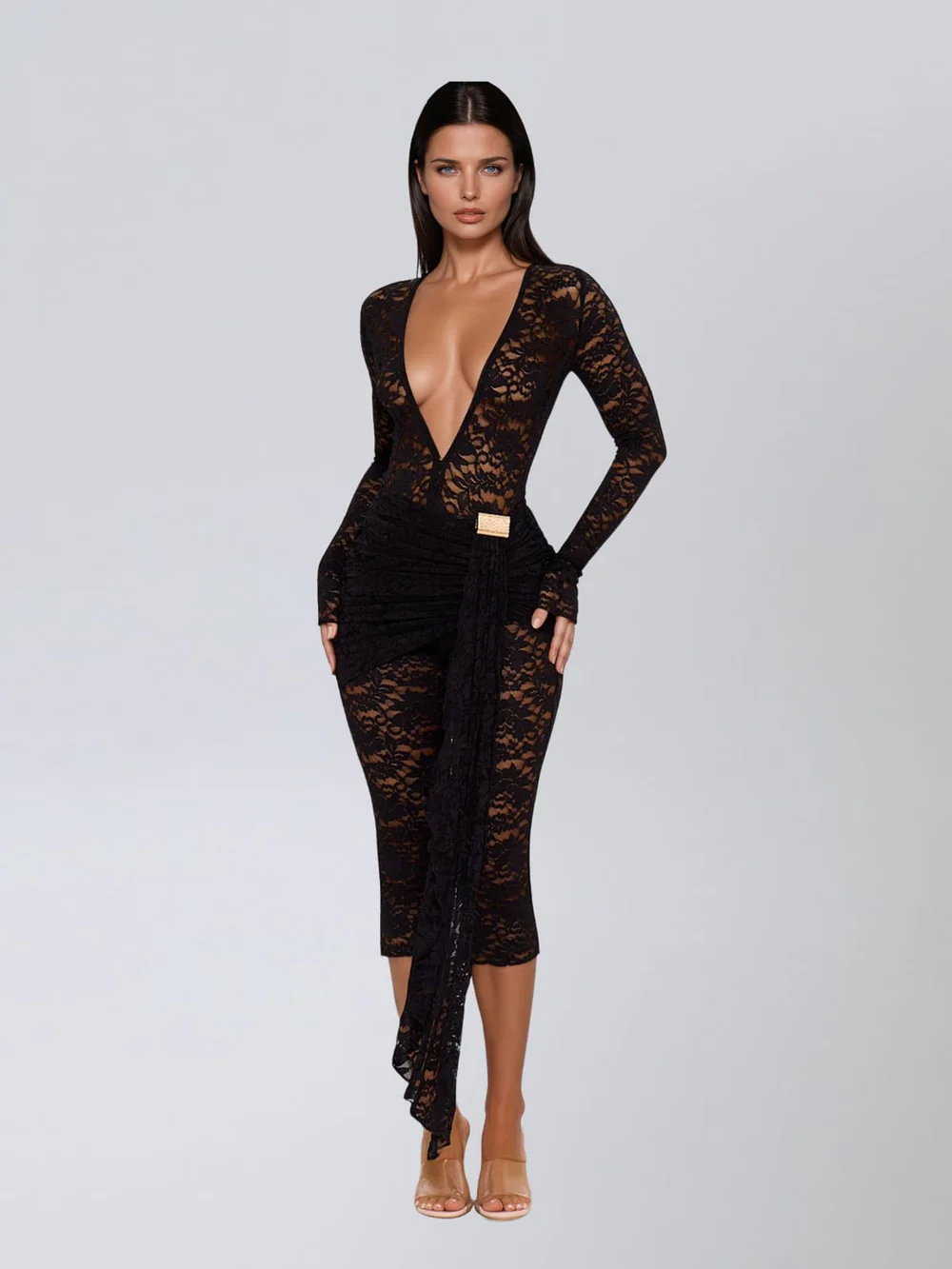Braelyric Plunge Neck Lace Capri Jumpsuit In Black - Image 3
